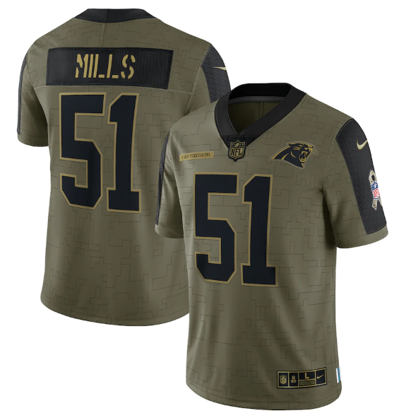 Men's Carolina Panthers #51 Sam Mills 2021 Olive Salute To Service Limited Stitched Jersey